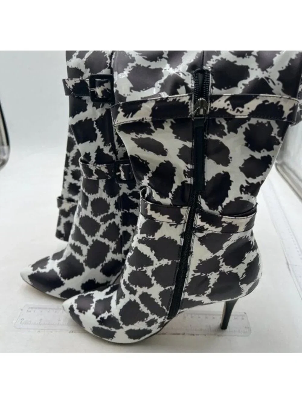 Women's Long Boots Stiletto High Heels Pionted Toe Boots White Black Leopard